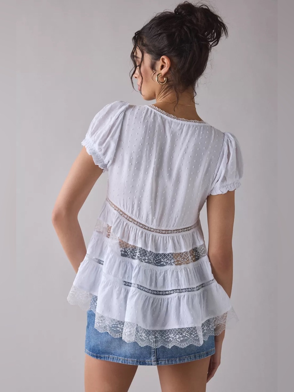Urban Outfitters Kimchi White Cotton Lace-Trim V-Neck babydoll Peplum Top - Picture 2 of 6
